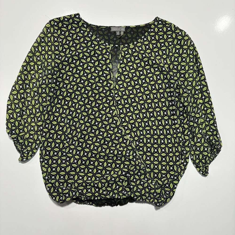 Vince Camuto 3/4 Sleeve Light Blouse Sz Small Green Leafs Elastic Bottom